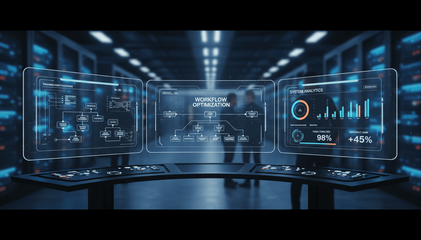 Moderne KI-Automatisierungsplattform mit integrierten Workflow-Screens und Dashboard-Ansichten