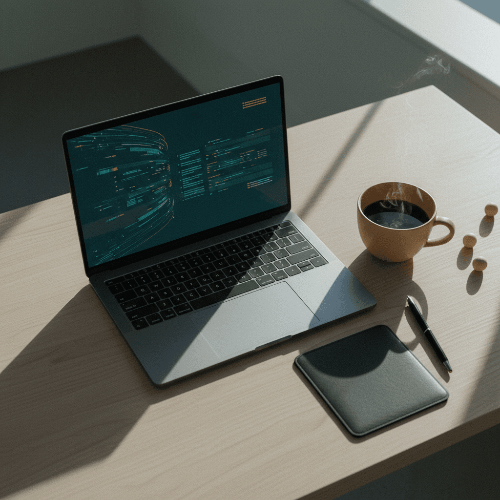 Aufgeräumter Schreibtisch mit Laptop und Kaffee in einem hellen Berliner Büro