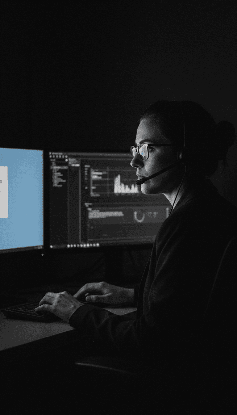 Mitarbeiter im Kundenservice konzentriert vor Doppelmonitor in Berlin